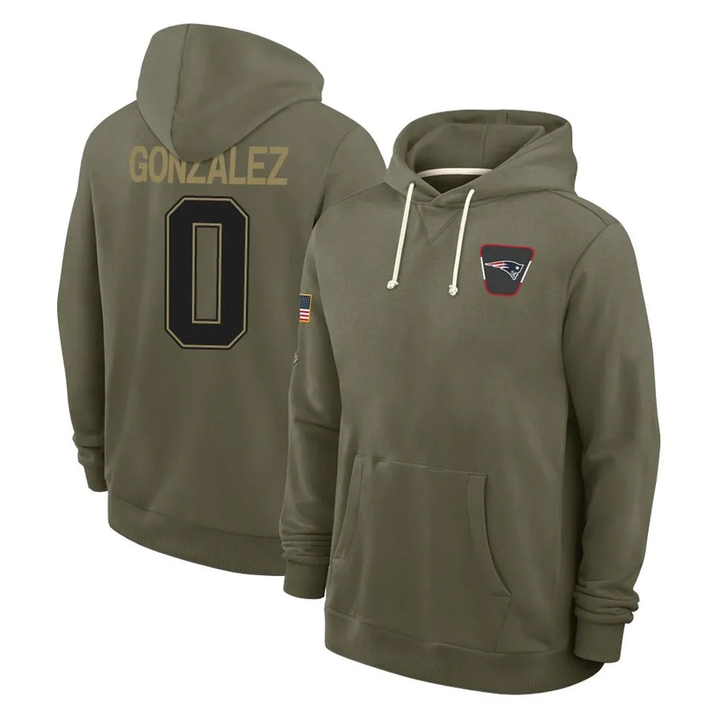 Parkc NE.Patriots #0 Christian Gonzalez Player Olive Salute to Service Pullover Hoodies Limited Stitched Jerseys