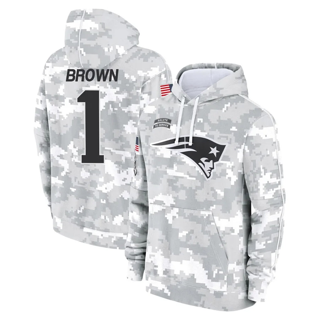 Parkc NE.Patriots #1 A.J. Brown Player Arctic Camo Salute to Service Pullover Hoodies Limited Game Stitched Jerseys