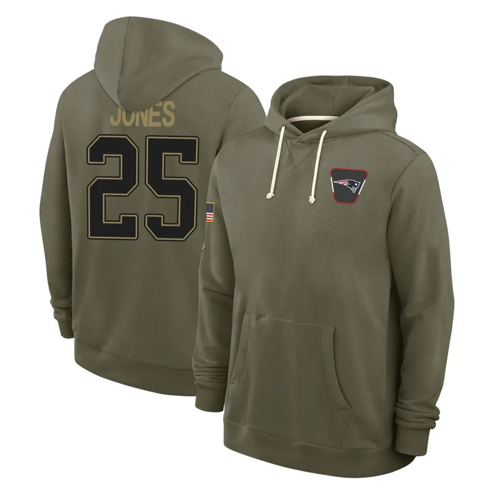 Parkc NE.Patriots #25 Marcus Jones Player Olive Salute to Service Pullover Hoodies Limited Stitched Jerseys