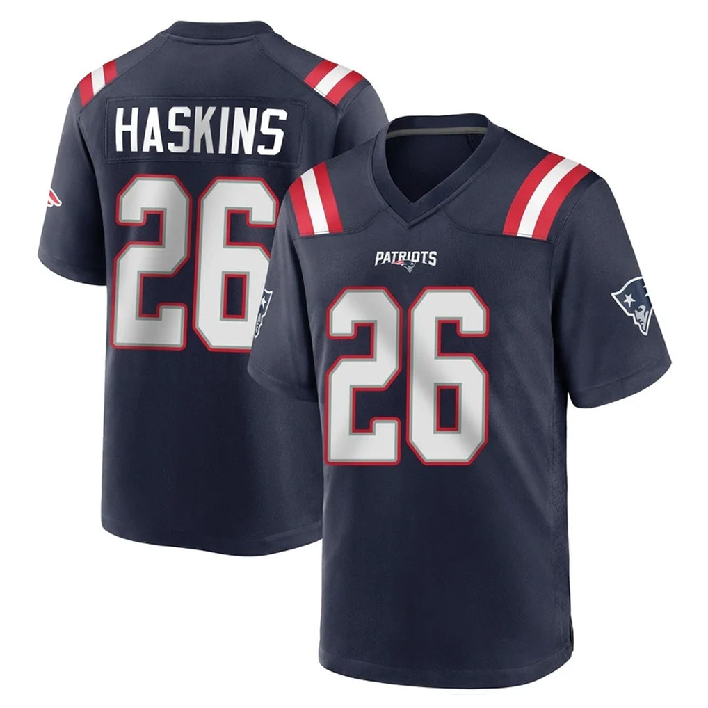 Parkc NE.Patriots #26 Hassan Haskins Navy Home Game Stitched Jerseys
