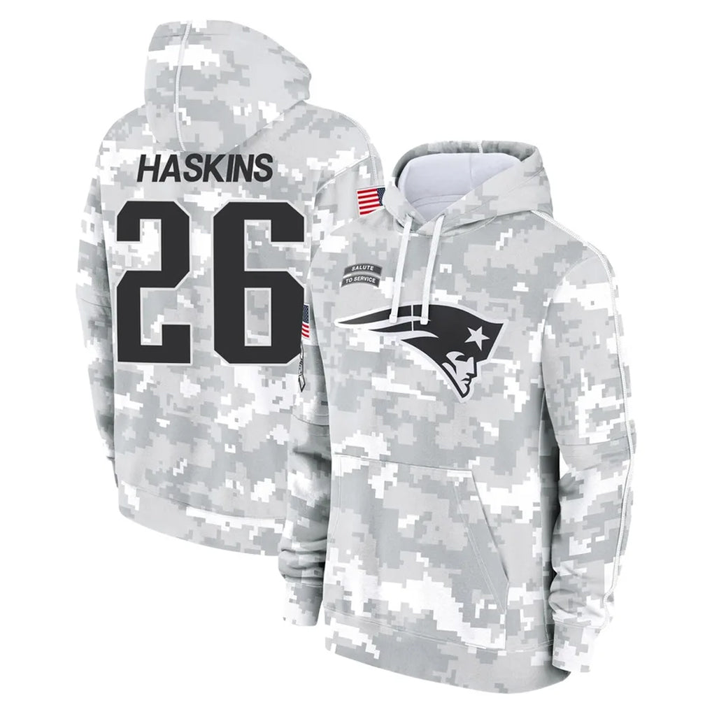 Parkc NE.Patriots #26 Hassan Haskins Player Arctic Camo Salute to Service Pullover Hoodies Limited Game Stitched Jerseys