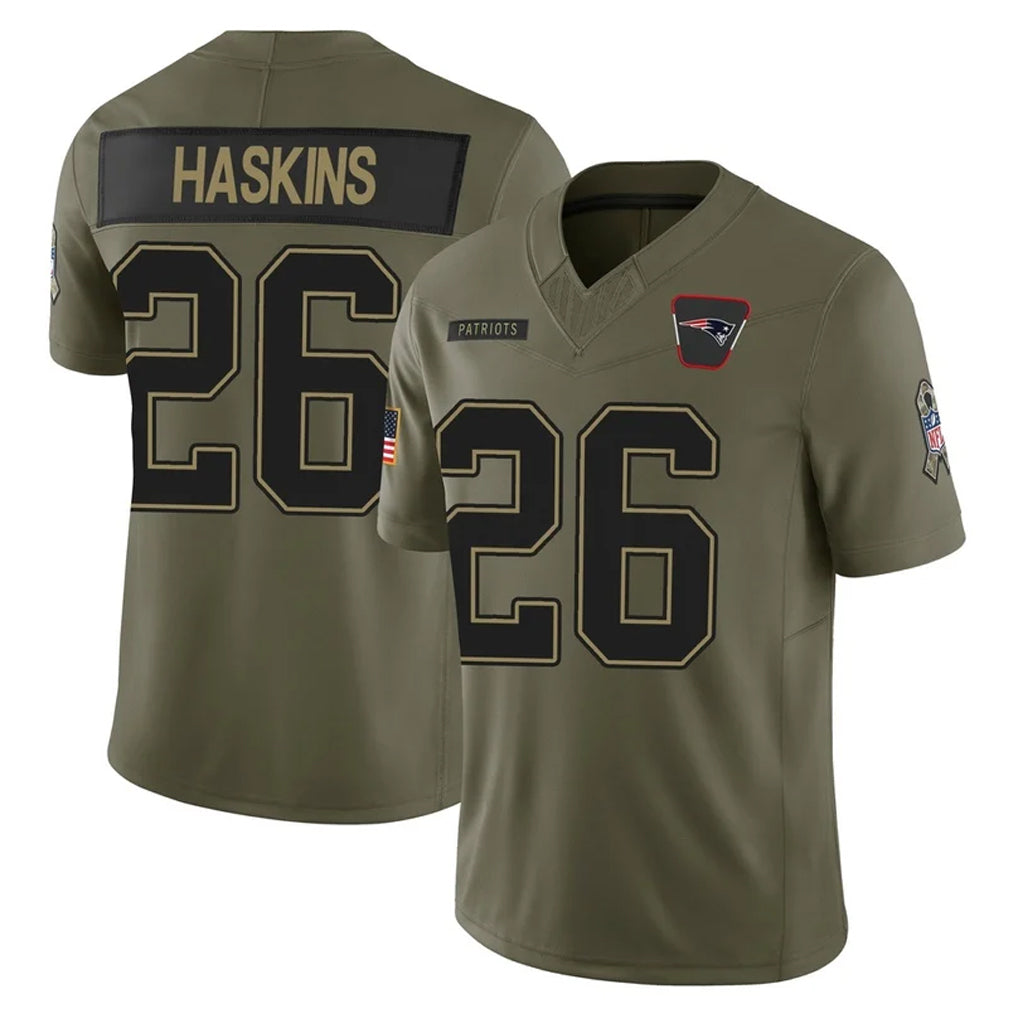 Parkc NE.Patriots #26 Hassan Haskins Player Olive 2025 Salute To Service Limited Stitched Jerseys