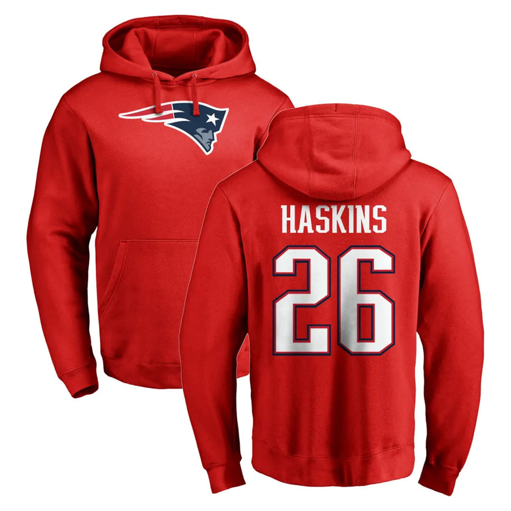 Parkc NE.Patriots #26 Hassan Haskins Player Red LOGO Pullover Hoodies Home Game Stitched Jerseys