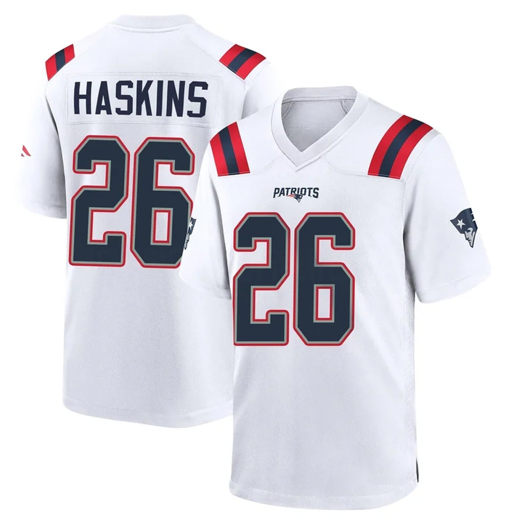 Parkc NE.Patriots #26 Hassan Haskins Player White Home Game Stitched Jerseys