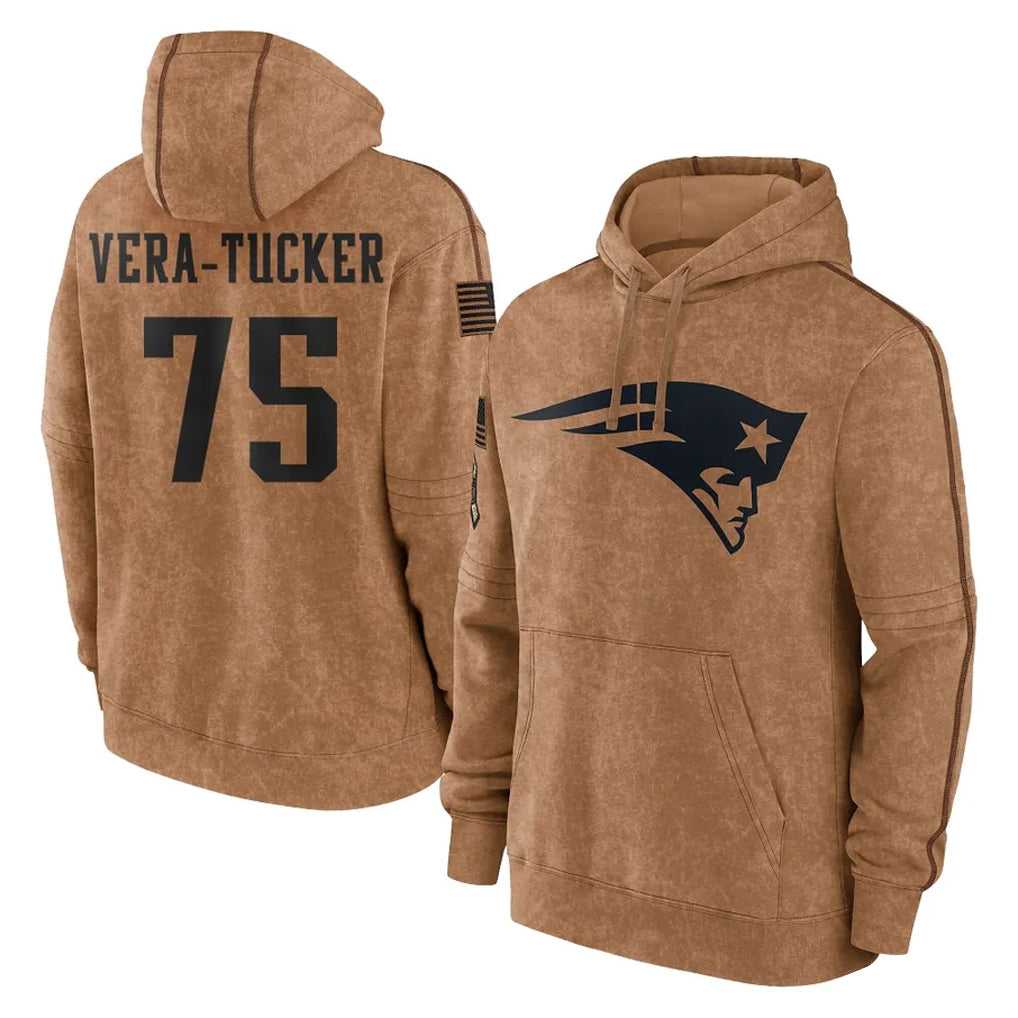 Parkc NE.Patriots #75 Alijah Vera-Tucker Player Brown Salute to Service Pullover Hoodies Limited Game Stitched Jerseys