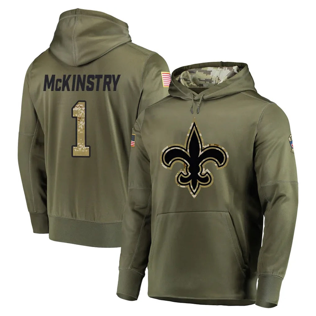 Parkc NO.Saints #1 Kool-Aid McKinstry Player Olive Salute to Service Pullover Hoodies Home Game Stitched Jerseys