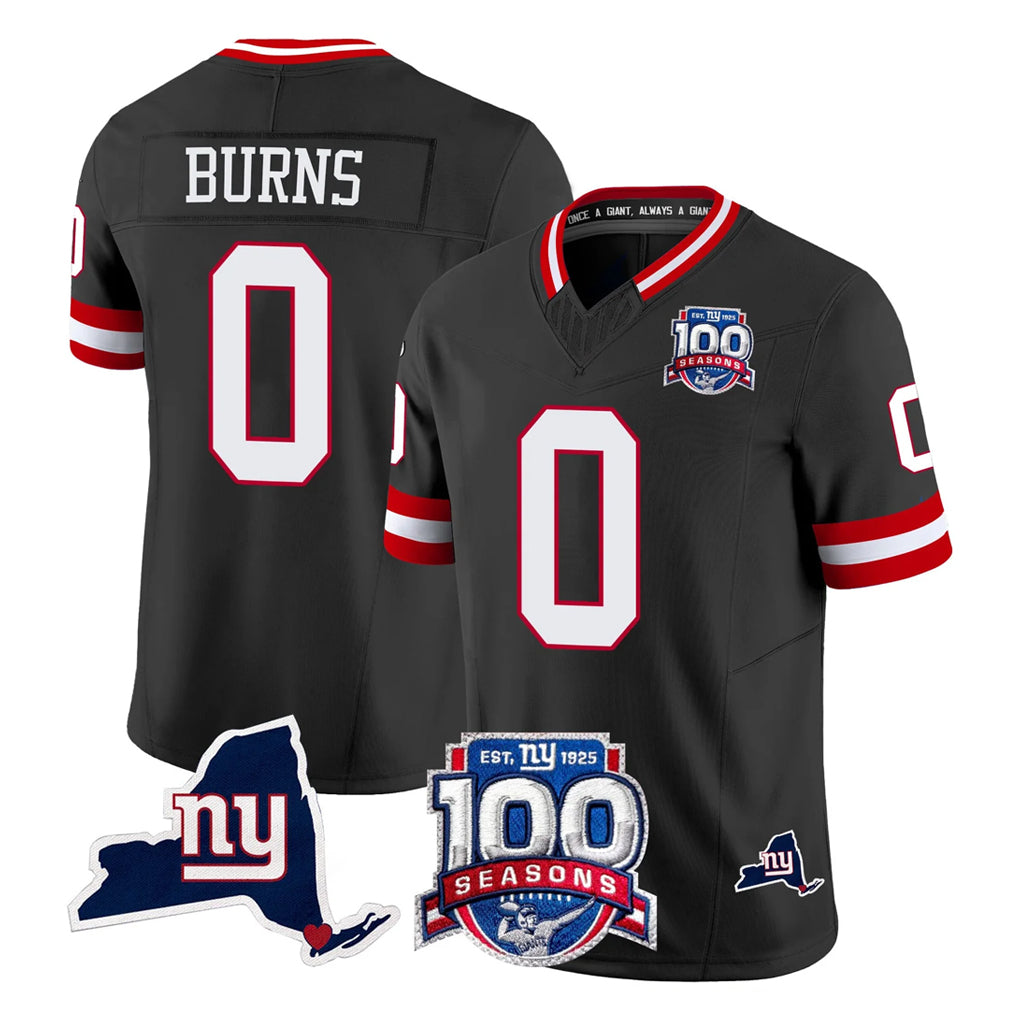 Parkc NY.Giants #0 Brian Burns Player Black 100th Season & State Patch Vapor Limited Home Game Stitched Jerseys