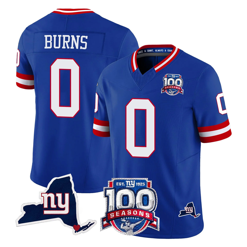 Parkc NY.Giants #0 Brian Burns Player Royal 100th Season & State Patch Vapor Limited Home Game Stitched Jerseys
