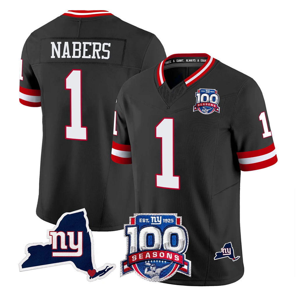 Parkc NY.Giants #1 Malik Nabers Player Black 100th Season & State Patch Vapor Limited Home Game Stitched Jerseys