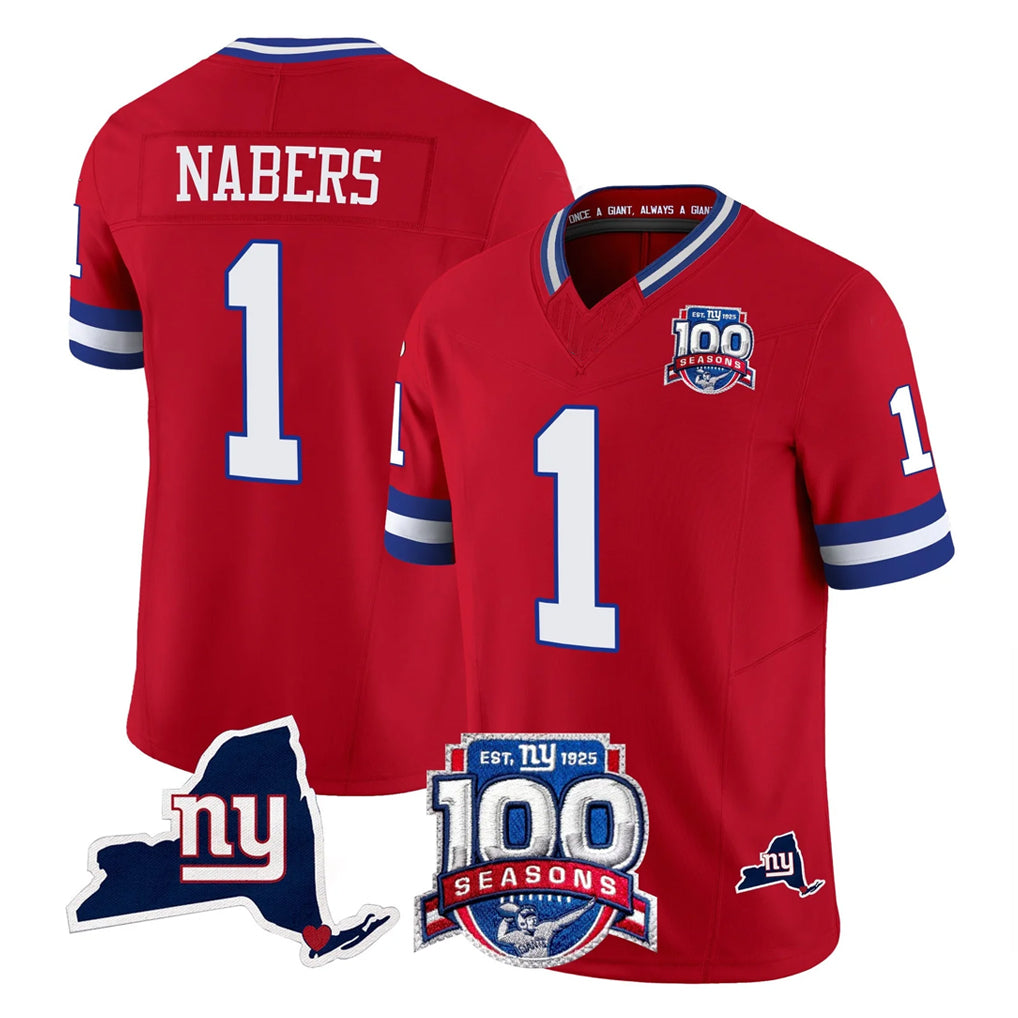 Parkc NY.Giants #1 Malik Nabers Player Red 100th Season & State Patch Vapor Limited Home Game Stitched Jerseys