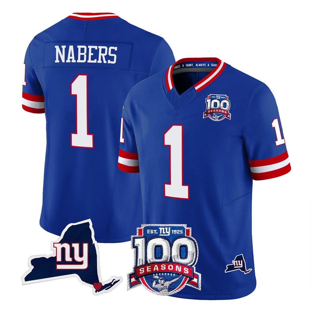 Parkc NY.Giants #1 Malik Nabers Player Royal 100th Season & State Patch Vapor Limited Home Game Stitched Jerseys