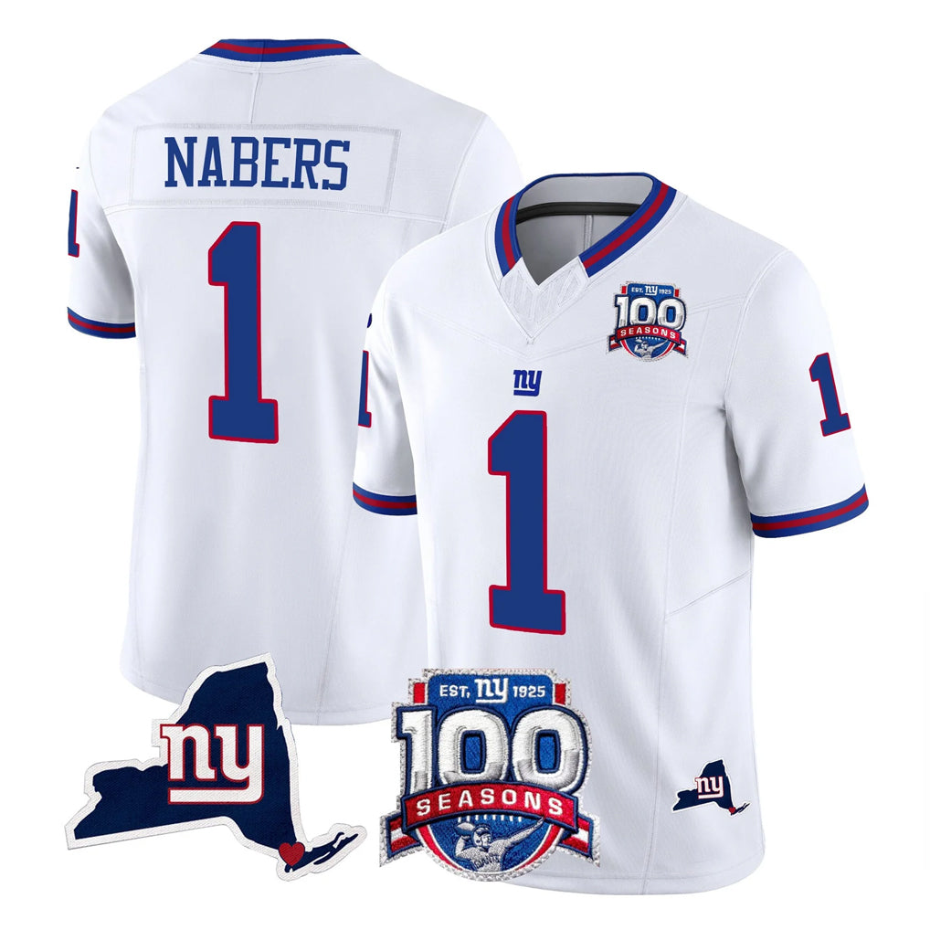 Parkc NY.Giants #1 Malik Nabers Player White 100th Season & State Patch Vapor Limited Home Game Stitched Jerseys