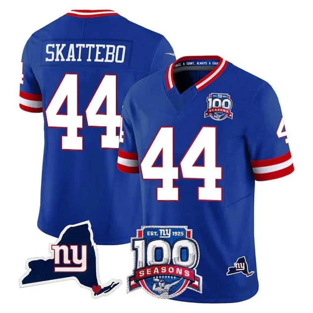Parkc NY.Giants #44 Cam Skattebo Player Royal 100th Season & State Patch Vapor Limited Home Game Stitched Jerseys