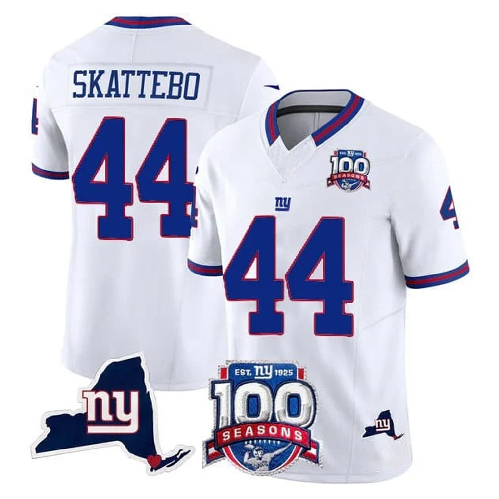 Parkc NY.Giants #44 Cam Skattebo Player White 100th Season & State Patch Vapor Limited Home Game Stitched Jerseys