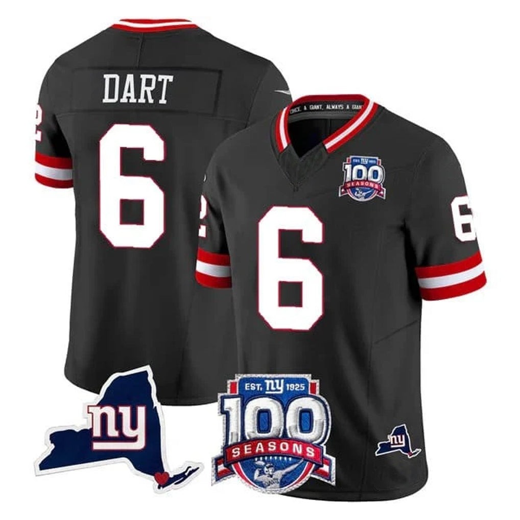 Parkc NY.Giants #6 Jaxson Dart Player Black 100th Season & State Patch Vapor Limited Home Game Stitched Jerseys