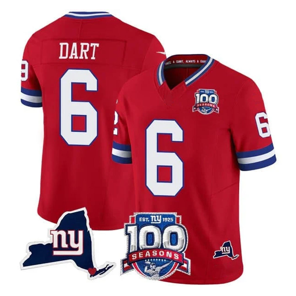 Parkc NY.Giants #6 Jaxson Dart Player Red 100th Season & State Patch Vapor Limited Home Game Stitched Jerseys