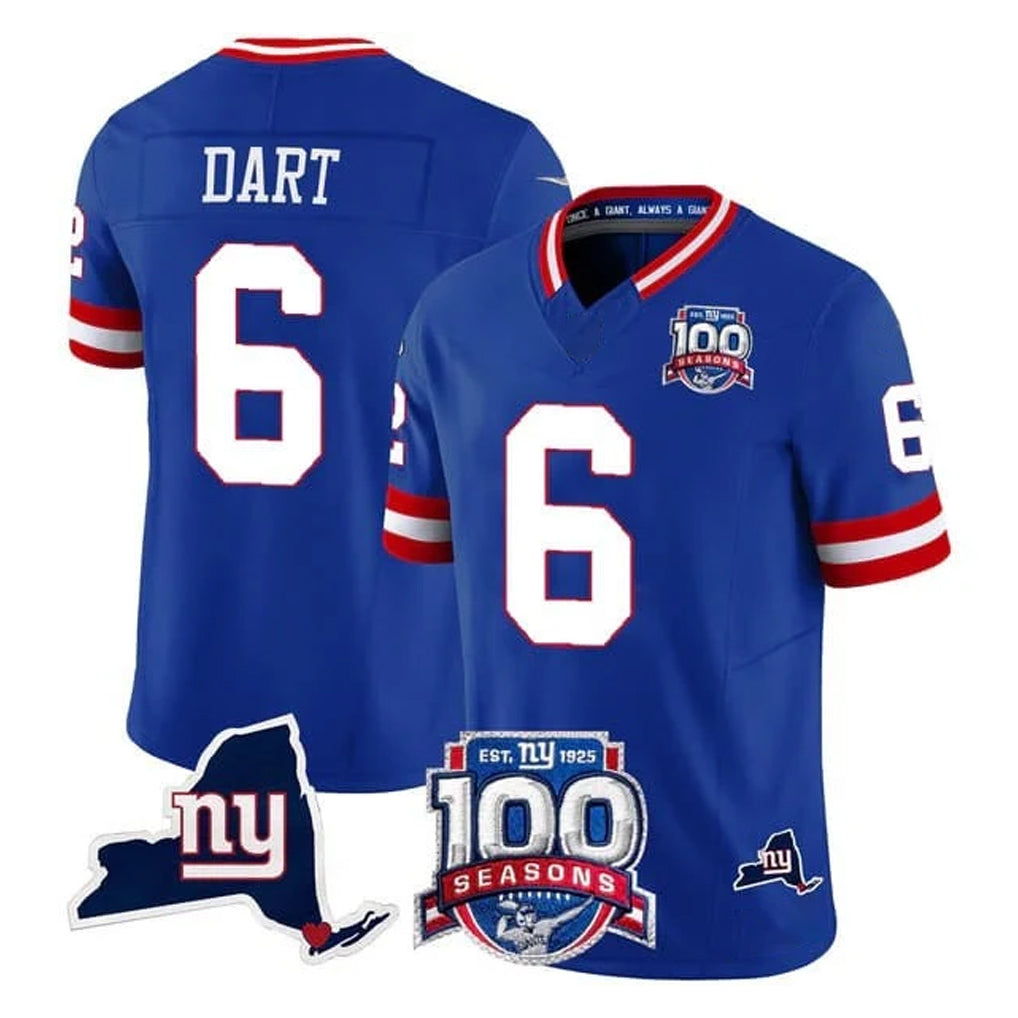 Parkc NY.Giants #6 Jaxson Dart Player Royal 100th Season & State Patch Vapor Limited Home Game Stitched Jerseys
