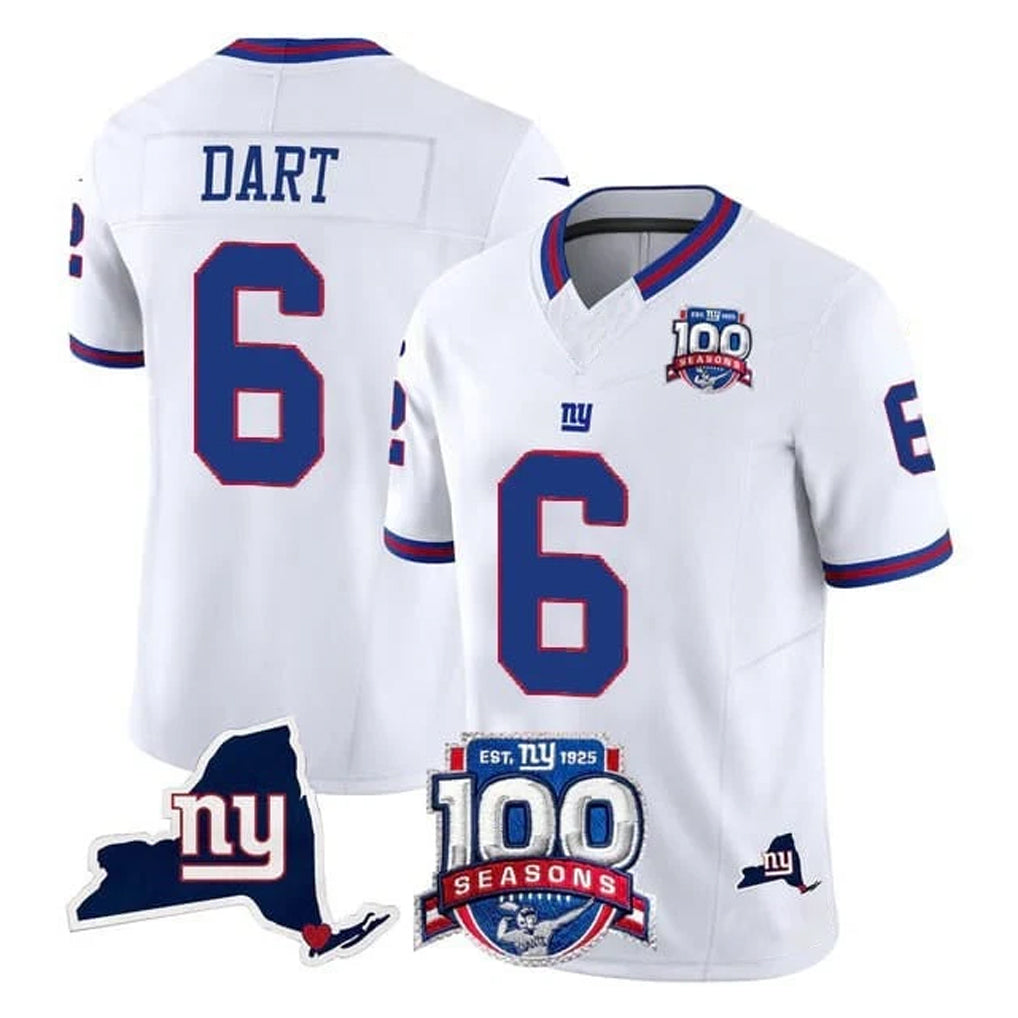 Parkc NY.Giants #6 Jaxson Dart Player White 100th Season & State Patch Vapor Limited Home Game Stitched Jerseys