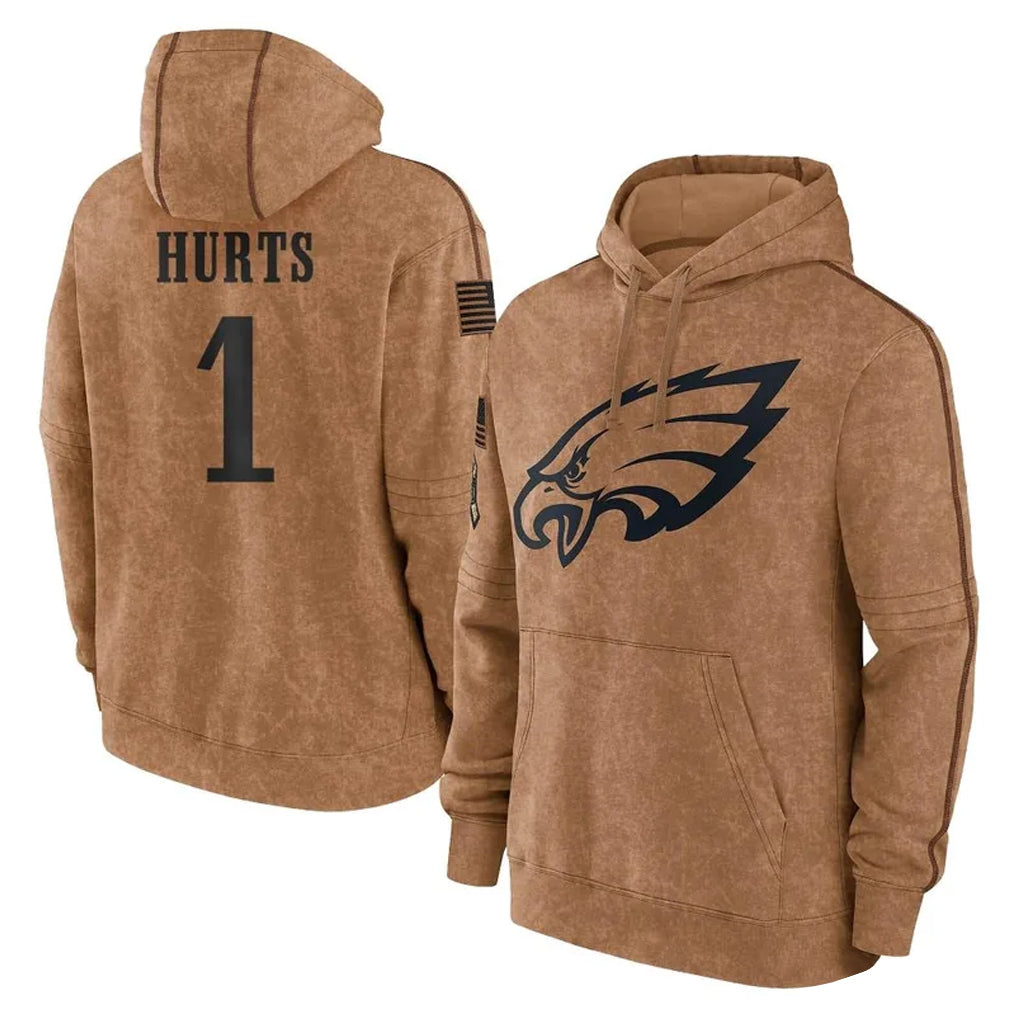 Parkc P.Eagles #1 Jalen Hurts Player Brown Salute to Service Pullover Hoodies Limited Game Stitched Jerseys