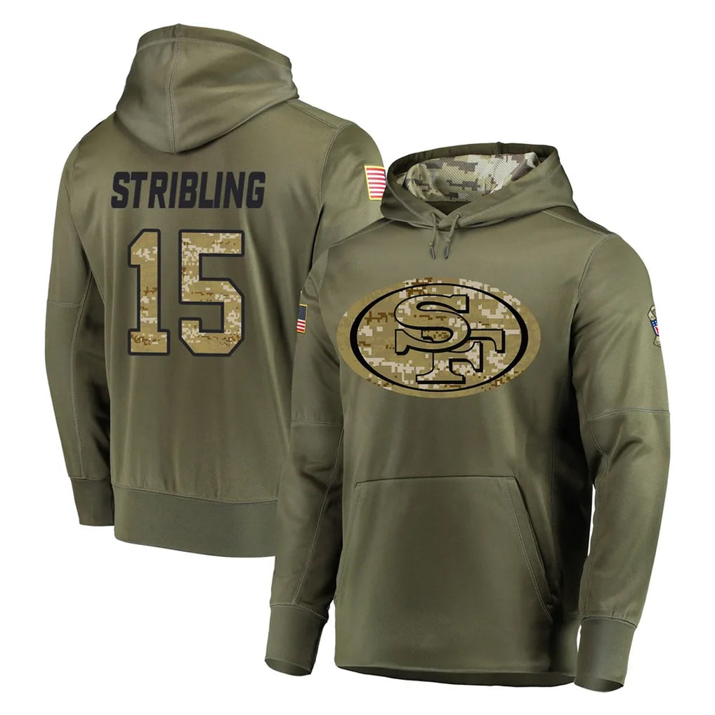 Parkc SF.49ers #15 De'Zhaun Stribling Player Olive Salute to Service Pullover Hoodie Home Game Stitched Jerseys