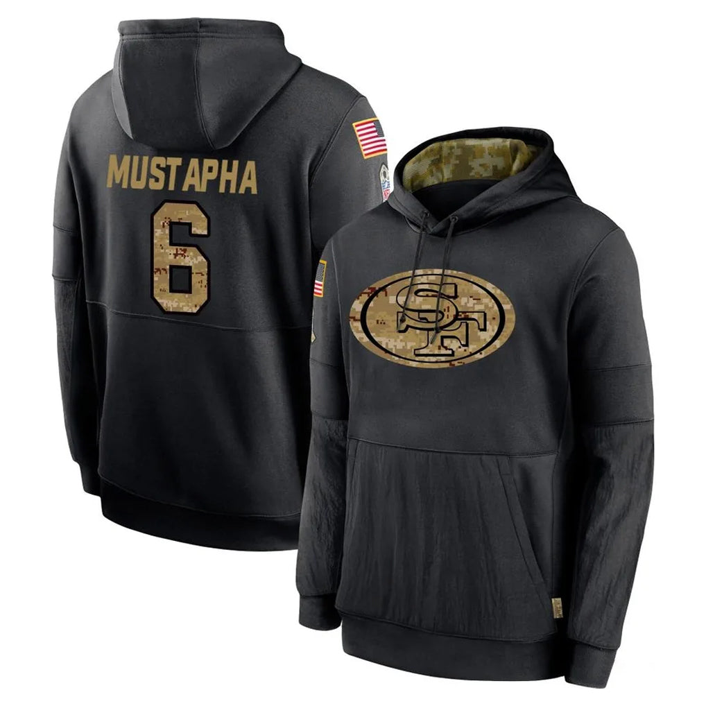 Parkc SF.49ers #6 Malik Mustapha Player Black Salute to Service Sideline Performance Pullover Hoodies Home Game Stitched Jerseys