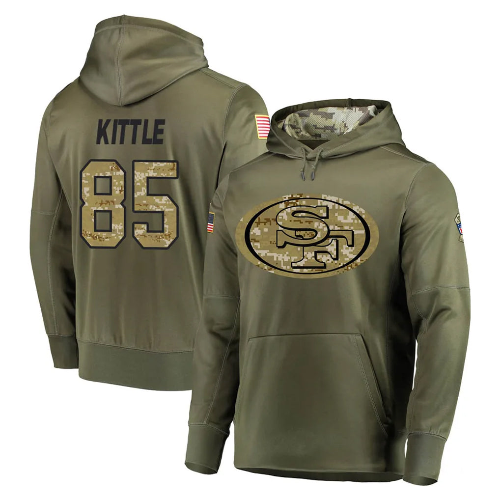 Parkc SF.49ers #85 George Kittle Player Olive Salute to Service Pullover Hoodie Home Game Stitched Jerseys