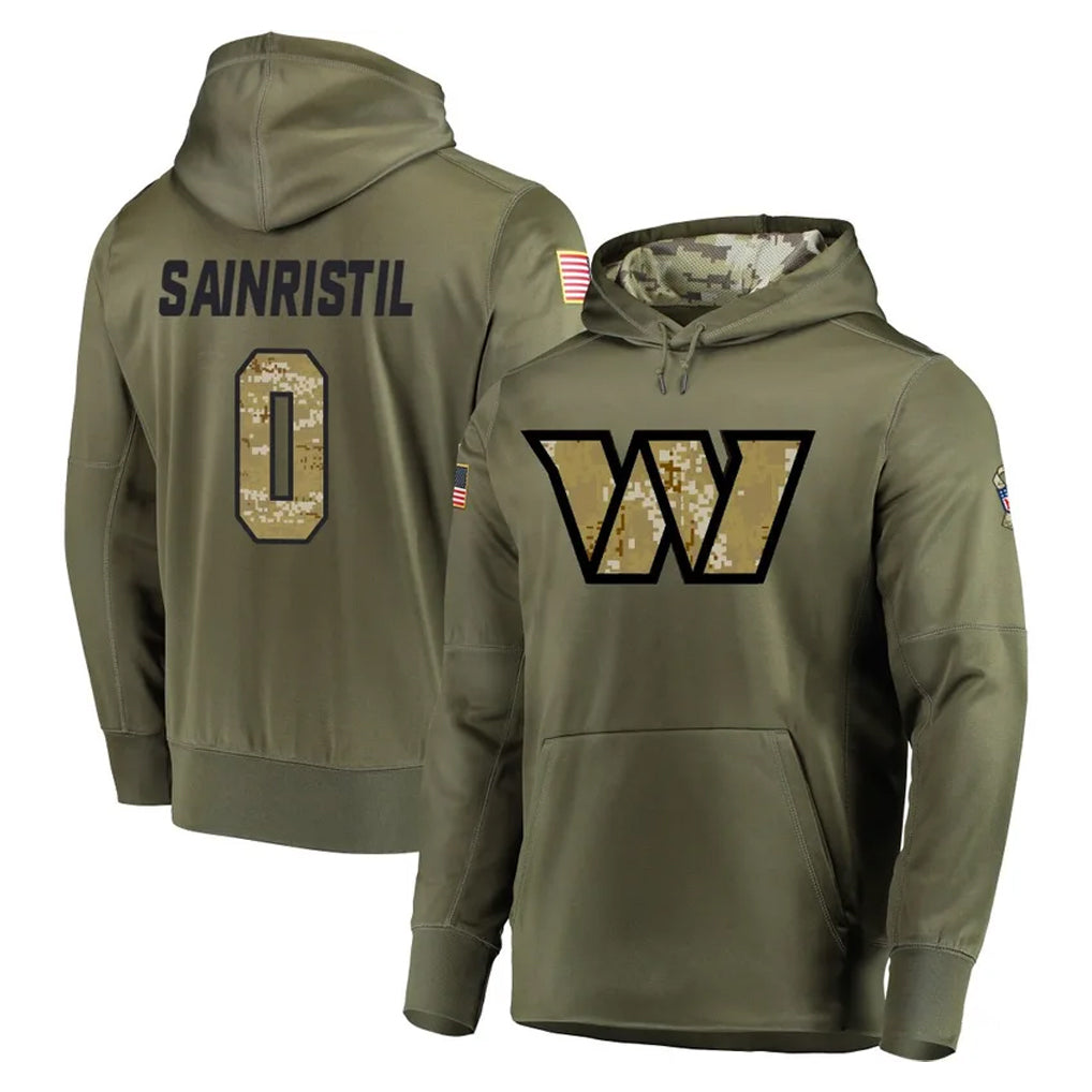 Parkc W.Commanders #0 Mike Sainristil Player Olive Salute to Service Pullover Hoodie Limited Home Game Stitched Jerseys