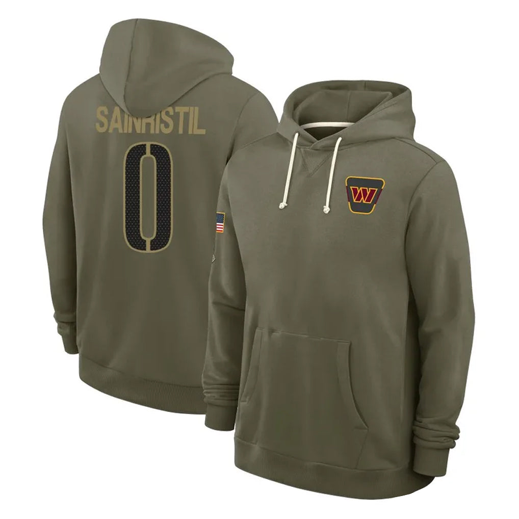 Parkc W.Commanders #0 Mike Sainristil Player Olive Salute to Service Pullover Hoodies Limited Home Stitched Jerseys