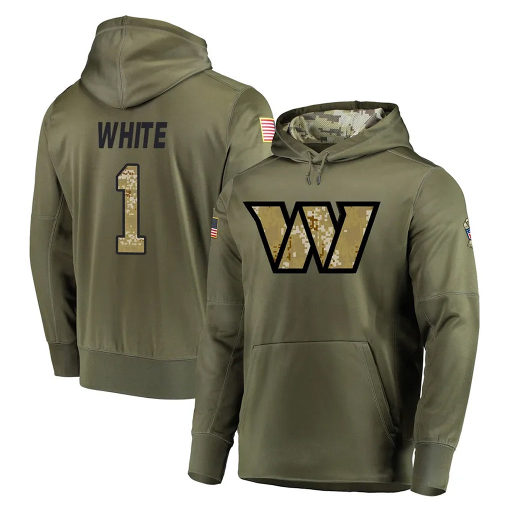 Parkc W.Commanders #1 Rachaad White Player Olive Salute to Service Pullover Hoodie Limited Home Game Stitched Jerseys
