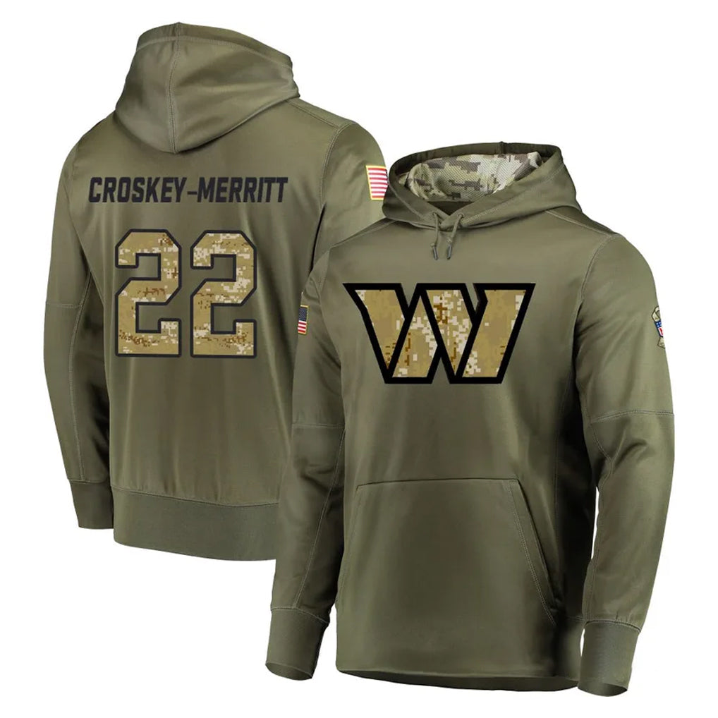 Parkc W.Commanders #22 Jacory Croskey-Merritt Player Olive Salute to Service Pullover Hoodie Limited Home Game Stitched Jerseys